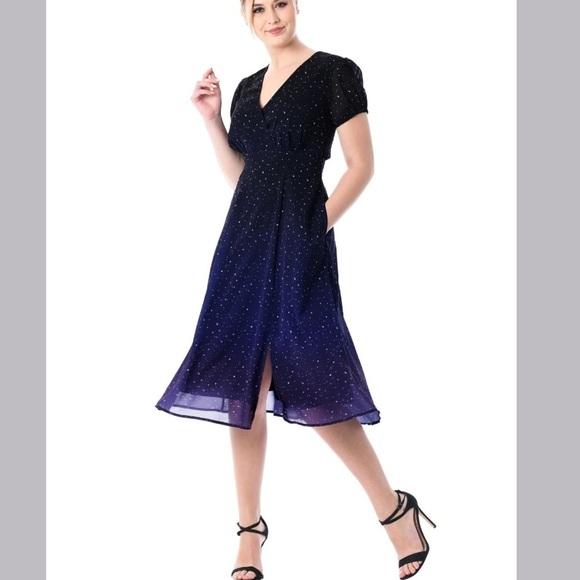 eSHAKTI Ombre Star Print Georgette Surplice midi Dress women’s size 6 - Picture 1 of 11